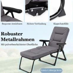 Sonnenliege Gartenliege Klappbar mit Dickem Sitzkissen Verstellbarer Rückenlehne & Armlehnen Grau