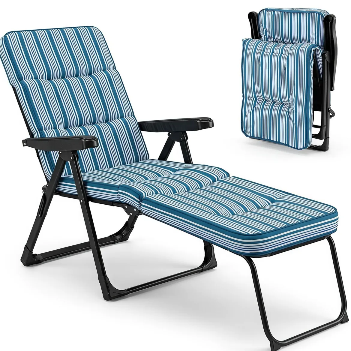 Sonnenliege Gartenliege Klappbar mit Dickem Sitzkissen Verstellbarer Rückenlehne & Armlehnen Blau