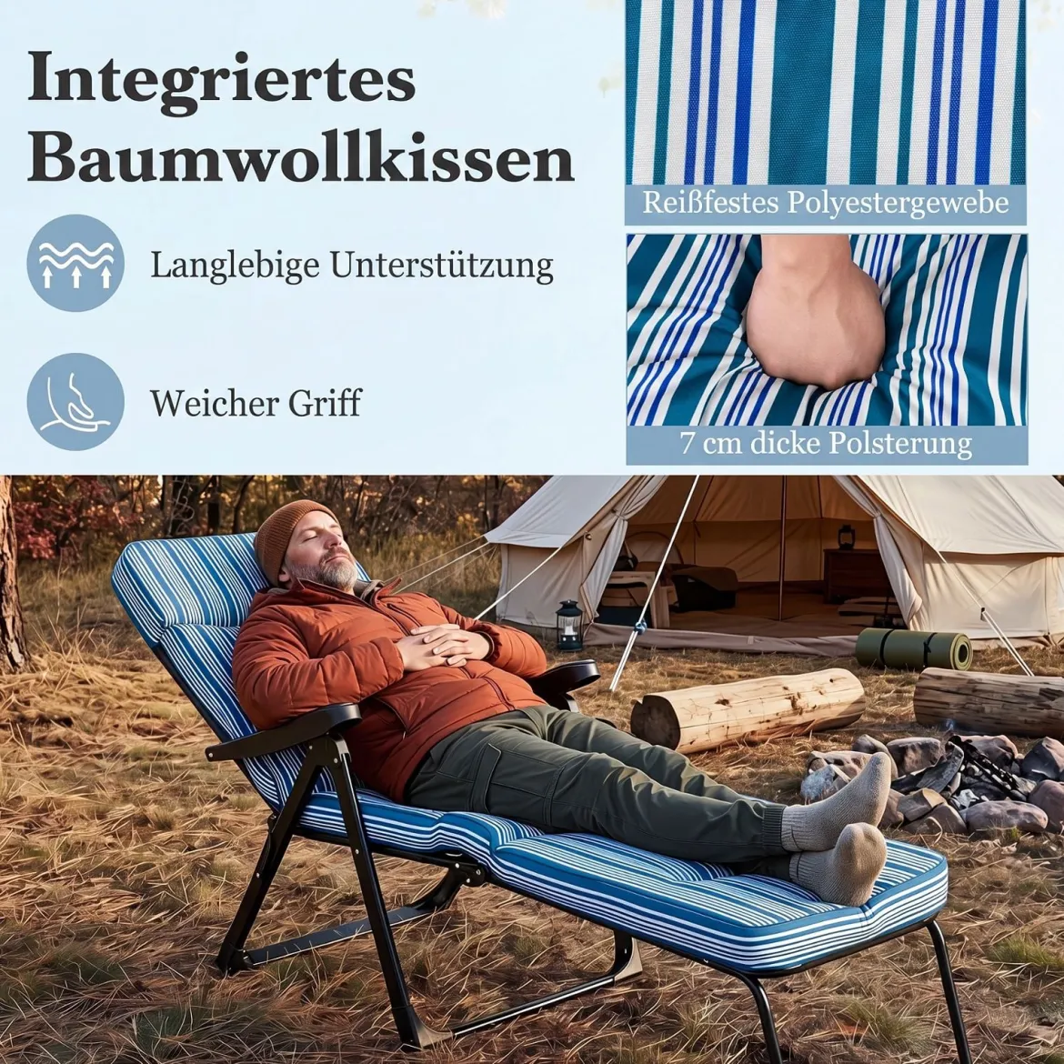 Sonnenliege Gartenliege Klappbar mit Dickem Sitzkissen Verstellbarer Rückenlehne & Armlehnen Blau