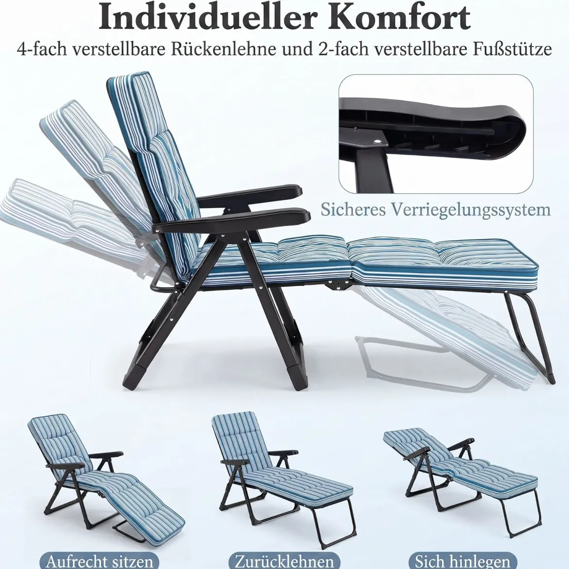Sonnenliege Gartenliege Klappbar mit Dickem Sitzkissen Verstellbarer Rückenlehne & Armlehnen Blau