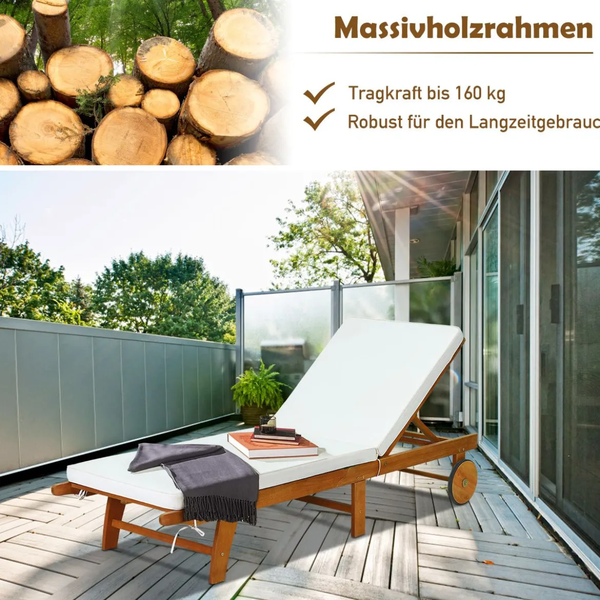Sonnenliege Holz Gartenliege mit verstellbarer Rückenlehne mit Rollen und Kissen Strandliege für den Garten