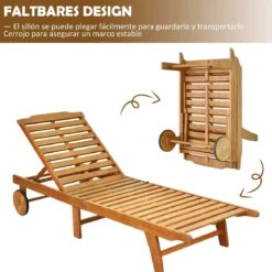 Sonnenliege Holz Gartenliege mit verstellbarer Rückenlehne mit Rollen und Kissen Strandliege für den Garten