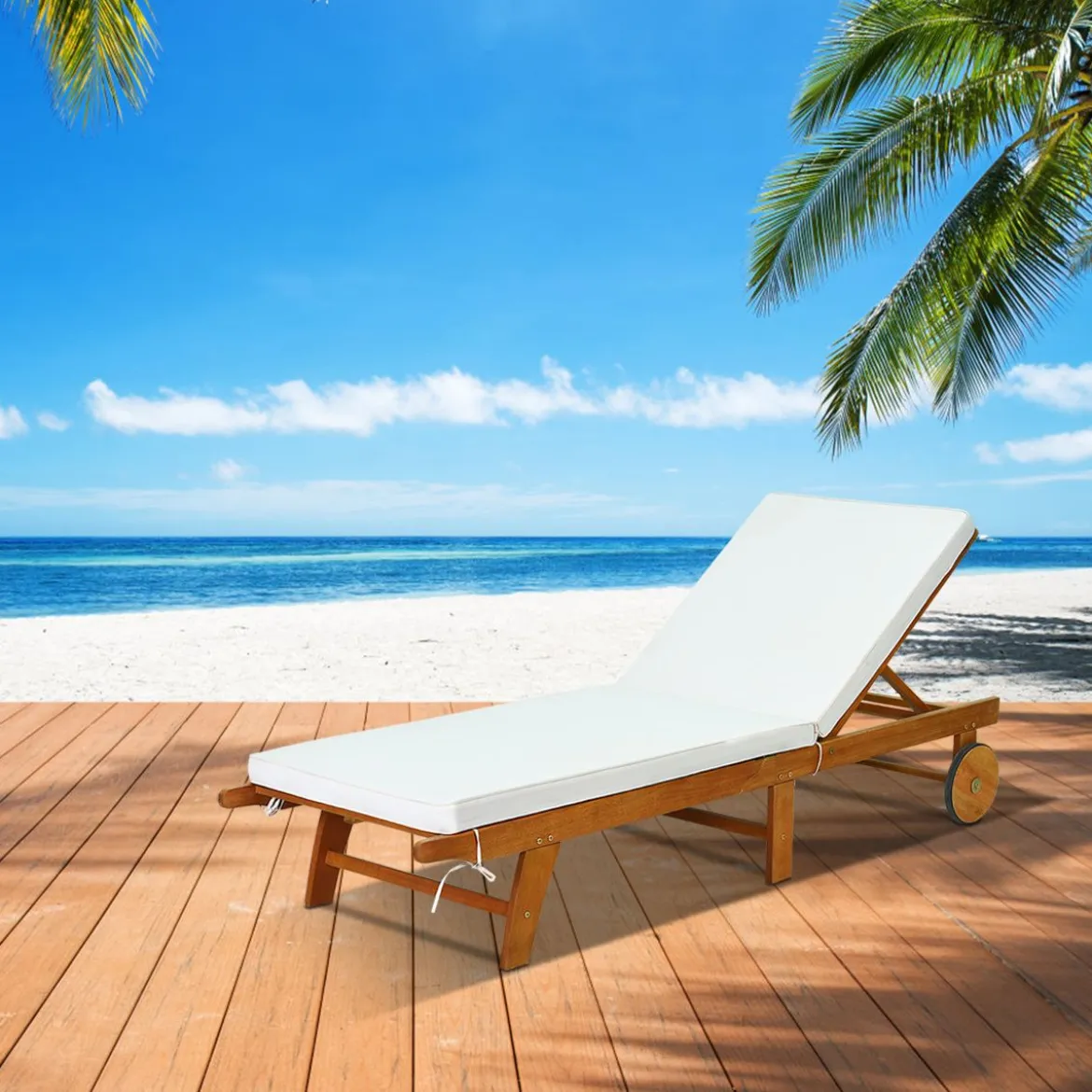 Sonnenliege Holz Gartenliege mit verstellbarer Rückenlehne mit Rollen und Kissen Strandliege für den Garten