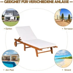 Sonnenliege Holz Gartenliege mit verstellbarer Rückenlehne mit Rollen und Kissen Strandliege für den Garten