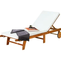 Sonnenliege Holz Gartenliege mit verstellbarer Rückenlehne mit Rollen und Kissen Strandliege für den Garten