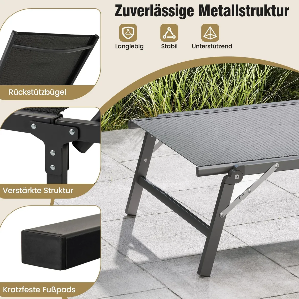 Sonnenliege klappbar Gartenliege mit 5 verstellbaren Rückenlehnen Klappliege bis 160 kg belastbar Grau