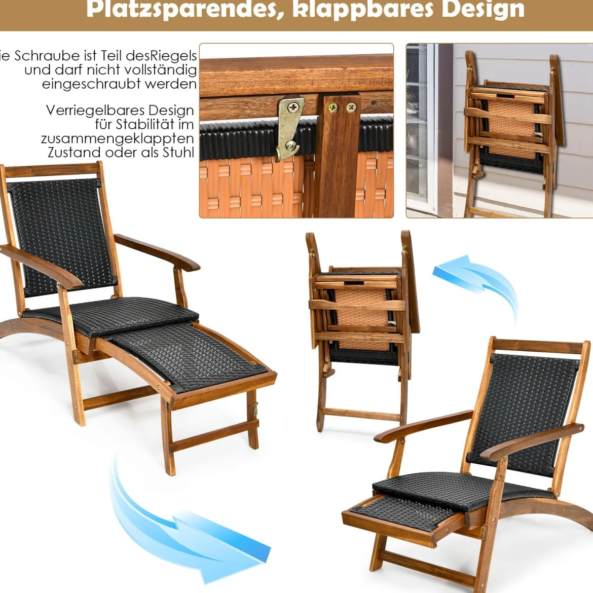 Sonnenliege Klappbar Gartenliege mit Ausziehbarer Fußteil & Ergonomischer Rückenlehne