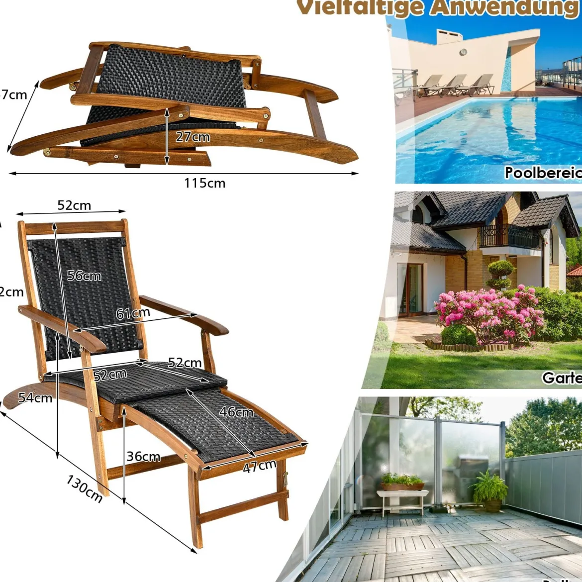 Sonnenliege Klappbar Gartenliege mit Ausziehbarer Fußteil & Ergonomischer Rückenlehne