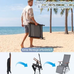 Sonnenliege Klappbar Liegestuhl mit Verstellbarer Rückenlehne bis 150 kg Belastbar Schwarz/Grau