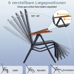 Sonnenliege Klappbar Liegestuhl mit Verstellbarer Rückenlehne bis 150 kg Belastbar Schwarz/Grau