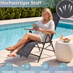 Sonnenliege Klappbar Liegestuhl mit Verstellbarer Rückenlehne bis 150 kg Belastbar Schwarz/Grau