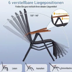 Sonnenliege Klappbar Liegestuhl mit Verstellbarer Rückenlehne bis 150 kg Belastbar Schwarz/Grau