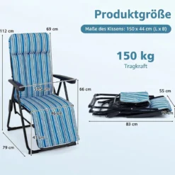 Sonnenliege Klappbar Wetterfester Liegestuhl mit Auflage Verstellbarer Rückenlehne bis 150 kg Belastbar