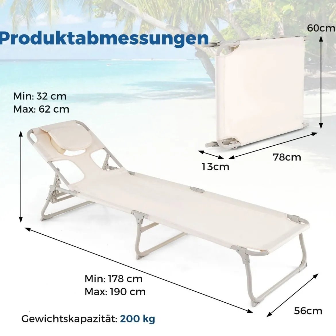 Sonnenliege mit Öffnungen für Gesicht und Arme klappbare Gartenliege Liegestuhl bis 150 kg belastbar
