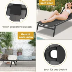 Sonnenliege mit Gesichtsöffnung Gartenliege mit 5-Fach Verstellbarer Rückenlehne Schwarz