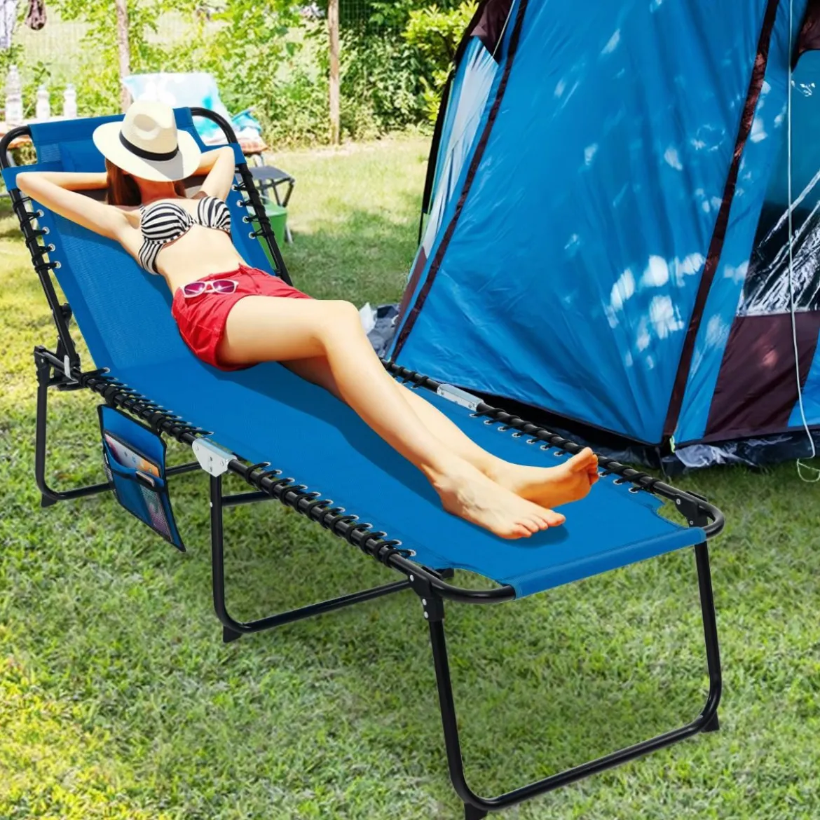 Sonnenliege mit Kopfstütze und Seitentasche klappbare Gartenliege mit Verstellbarer Rückenlehne