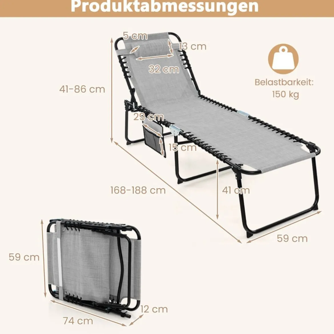 Sonnenliege mit Kopfstütze und Seitentasche klappbare Gartenliege mit Verstellbarer Rückenlehne