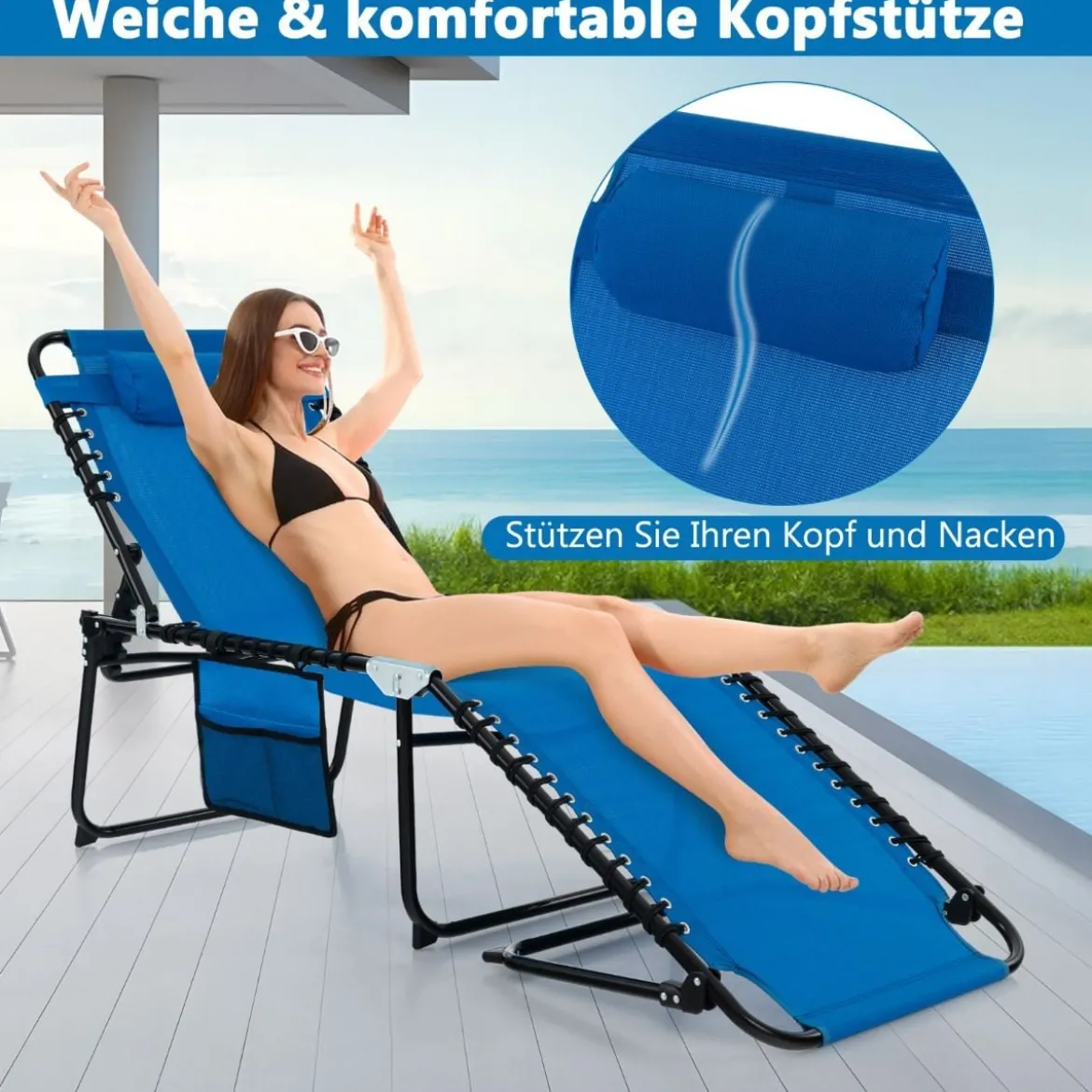 Sonnenliege mit Kopfstütze und Seitentasche klappbare Gartenliege mit Verstellbarer Rückenlehne