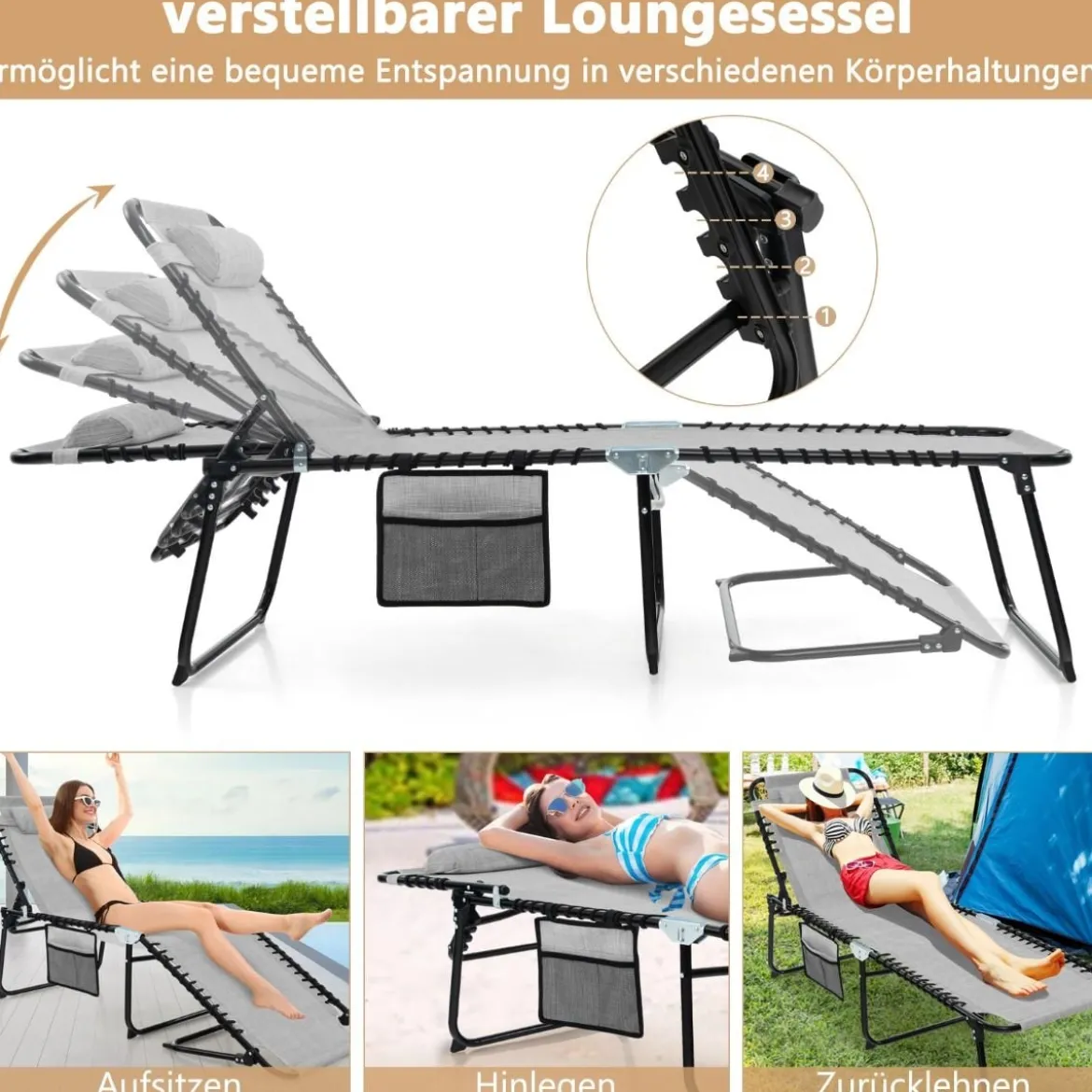 Sonnenliege mit Kopfstütze und Seitentasche klappbare Gartenliege mit Verstellbarer Rückenlehne
