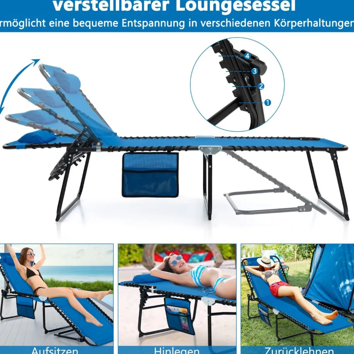 Sonnenliege mit Kopfstütze und Seitentasche klappbare Gartenliege mit Verstellbarer Rückenlehne