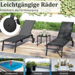 Sonnenliege mit Rollen & Beistelltisch Gartenliege mit Verstellbarer Rückenlehne Grau