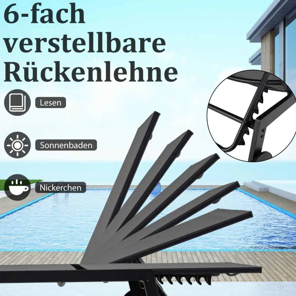 Sonnenliege mit Rollen & Beistelltisch Gartenliege mit Verstellbarer Rückenlehne Grau