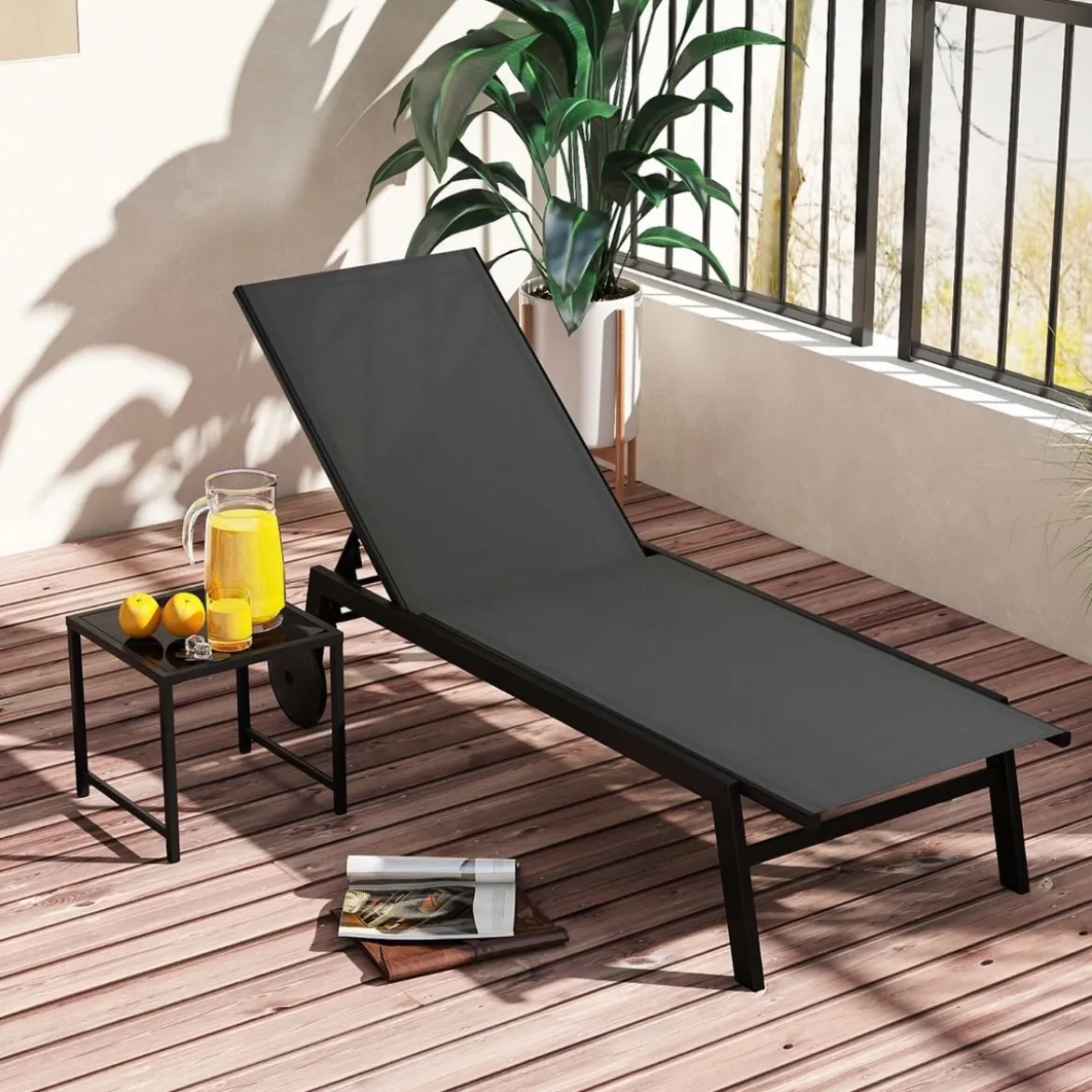 Sonnenliege mit Rollen & Beistelltisch Gartenliege mit Verstellbarer Rückenlehne Grau