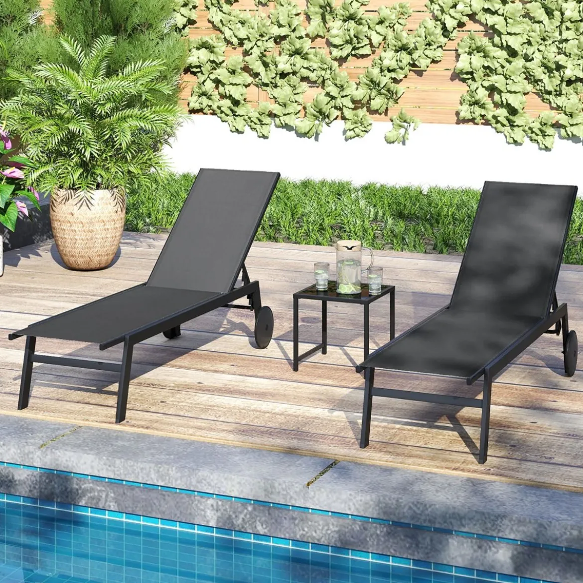 Sonnenliege mit Rollen & Beistelltisch Gartenliege mit Verstellbarer Rückenlehne Grau