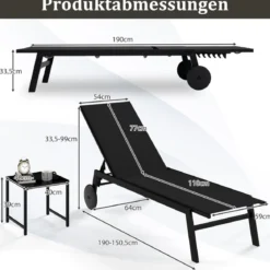 Sonnenliege mit Rollen & Beistelltisch Gartenliege mit Verstellbarer Rückenlehne & StoffSchwarz