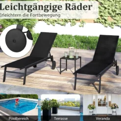 Sonnenliege mit Rollen & Beistelltisch Gartenliege mit Verstellbarer Rückenlehne & StoffSchwarz