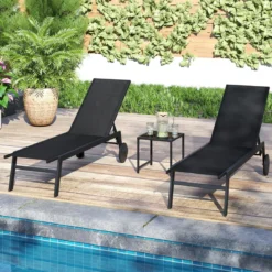 Sonnenliege mit Rollen & Beistelltisch Gartenliege mit Verstellbarer Rückenlehne & StoffSchwarz