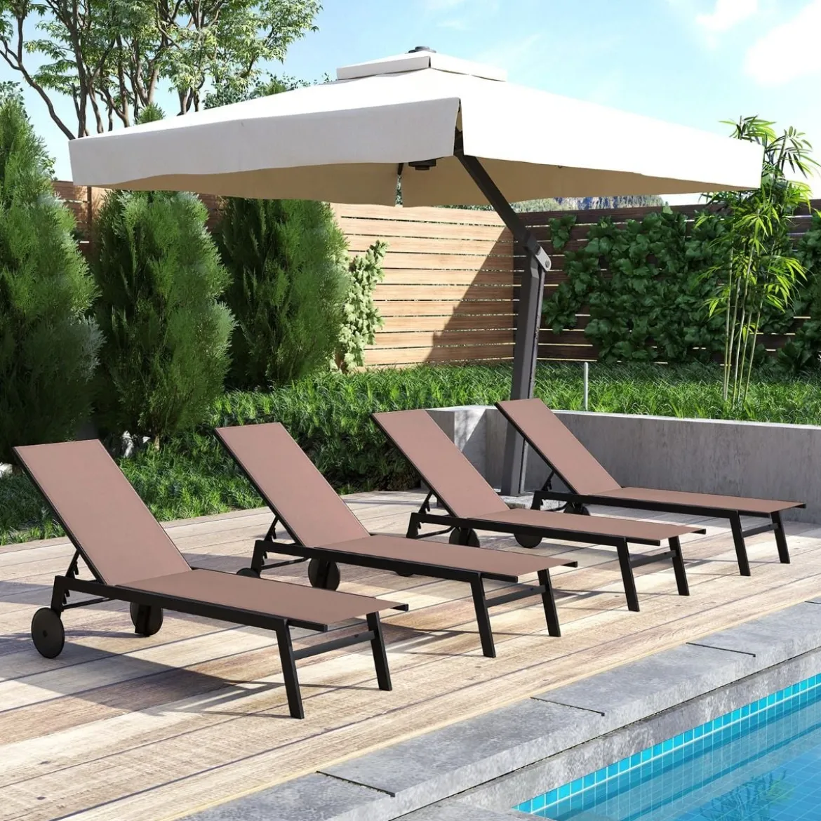 Sonnenliege mit Rollen Gartenliege mit Verstellbarer Rückenlehne Liegestuhl Braun/Grau/Schwarz