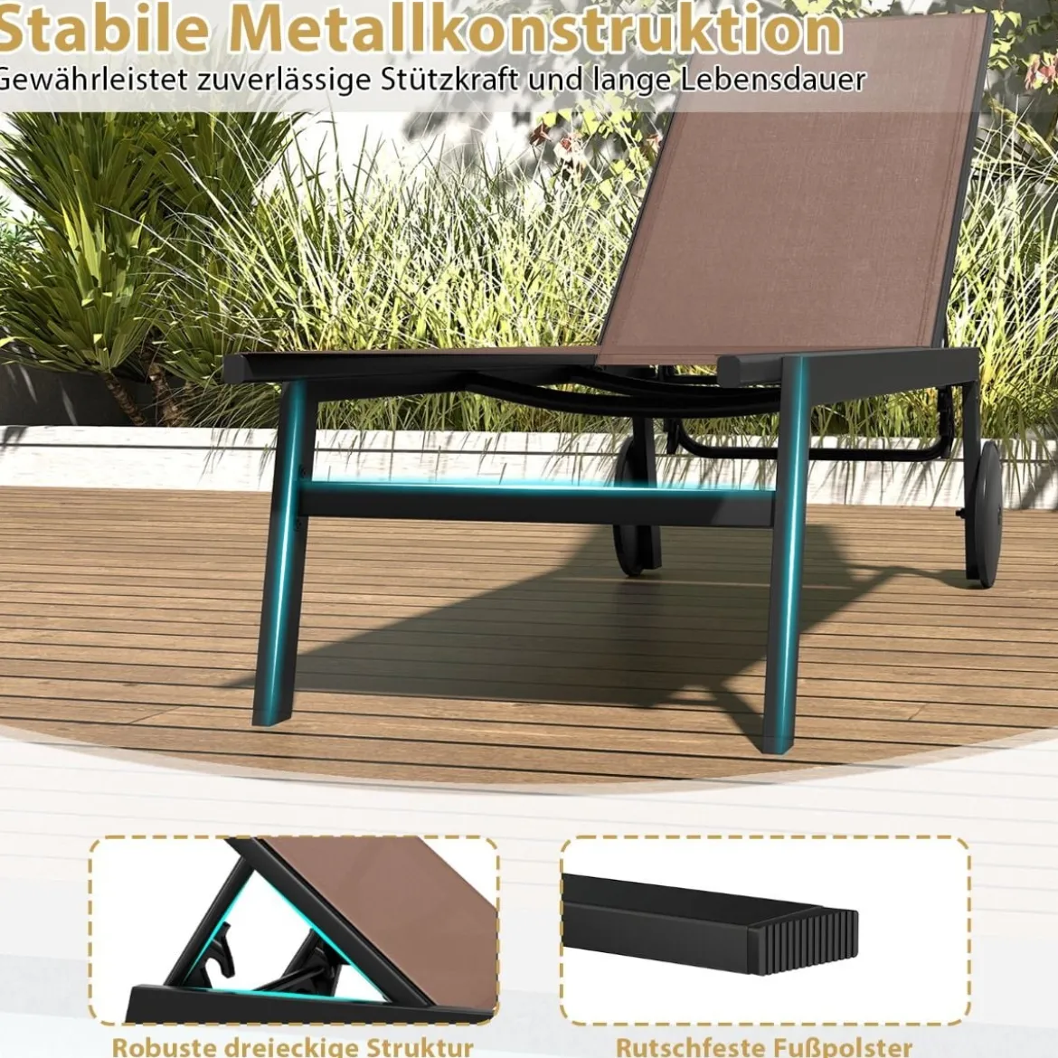 Sonnenliege mit Rollen Gartenliege mit Verstellbarer Rückenlehne Liegestuhl Braun/Grau/Schwarz