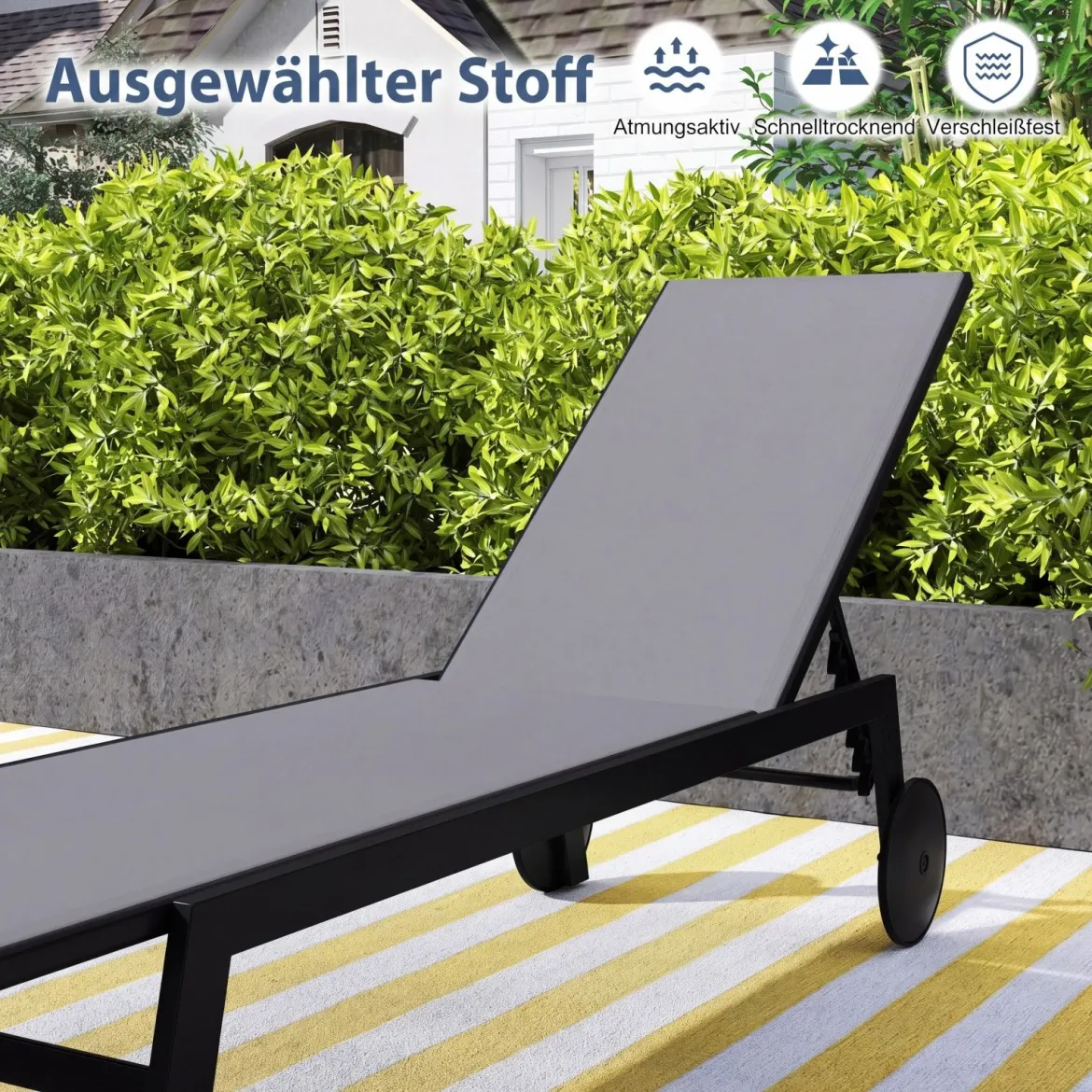 Sonnenliege mit Rollen Gartenliege mit Verstellbarer Rückenlehne Liegestuhl Braun/Grau/Schwarz