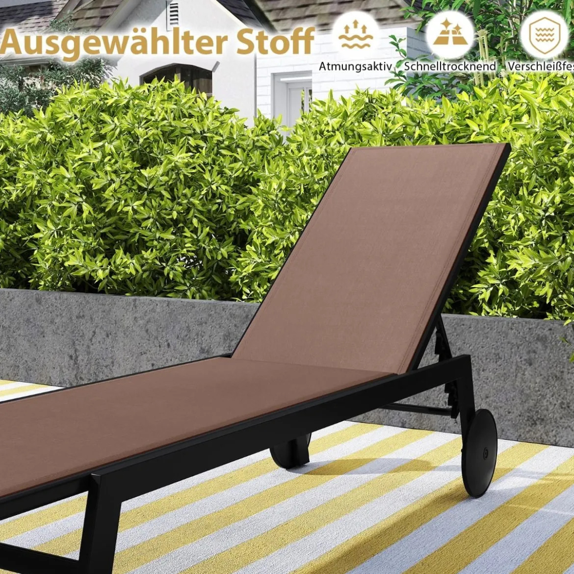 Sonnenliege mit Rollen Gartenliege mit Verstellbarer Rückenlehne Liegestuhl Braun/Grau/Schwarz