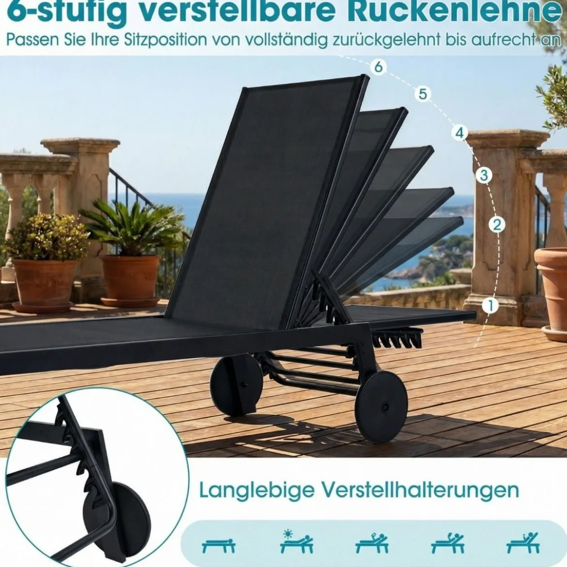 Sonnenliege mit Rollen Gartenliege mit Verstellbarer Rückenlehne Liegestuhl Braun/Grau/Schwarz