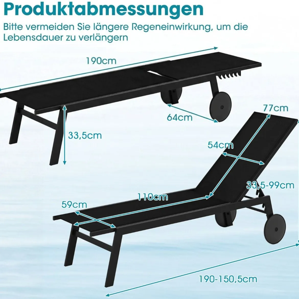 Sonnenliege mit Rollen Gartenliege mit Verstellbarer Rückenlehne Liegestuhl Braun/Grau/Schwarz