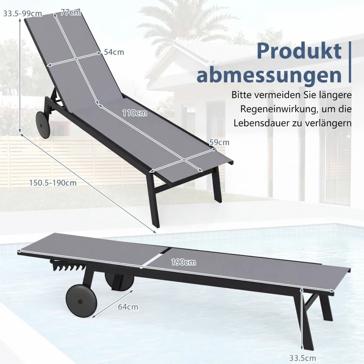 Sonnenliege mit Rollen Gartenliege mit Verstellbarer Rückenlehne Liegestuhl Braun/Grau/Schwarz