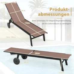 Sonnenliege mit Rollen Gartenliege mit Verstellbarer Rückenlehne Liegestuhl Braun/Grau/Schwarz