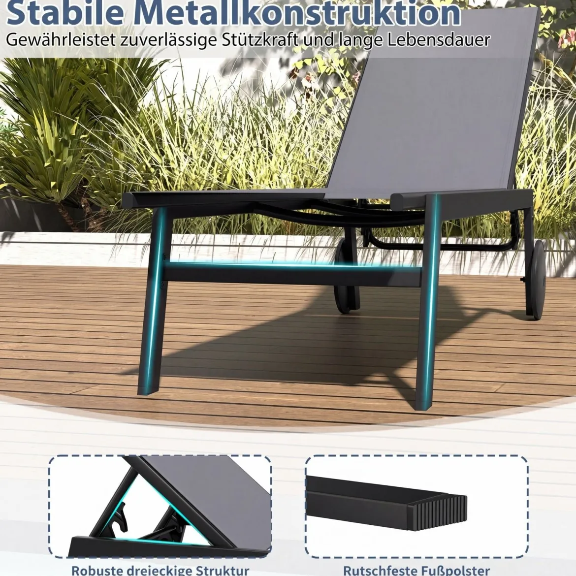 Sonnenliege mit Rollen Gartenliege mit Verstellbarer Rückenlehne Liegestuhl Braun/Grau/Schwarz