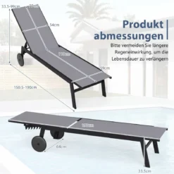 Sonnenliege mit Rollen Gartenliege mit Verstellbarer Rückenlehne Liegestuhl Braun/Grau/Schwarz