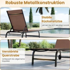Sonnenliege mit Rollen Robuste Gartenliege mit 6-Fach Verstellbare Rückenlehne bis 180° Flach