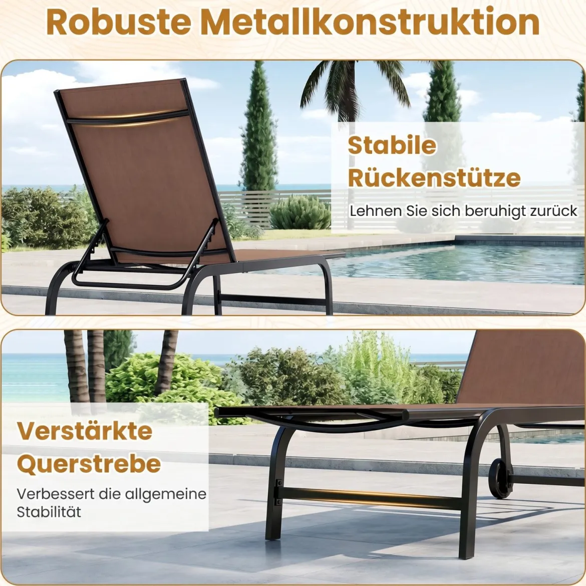 Sonnenliege mit Rollen Robuste Gartenliege mit 6-Fach Verstellbare Rückenlehne bis 180° Flach