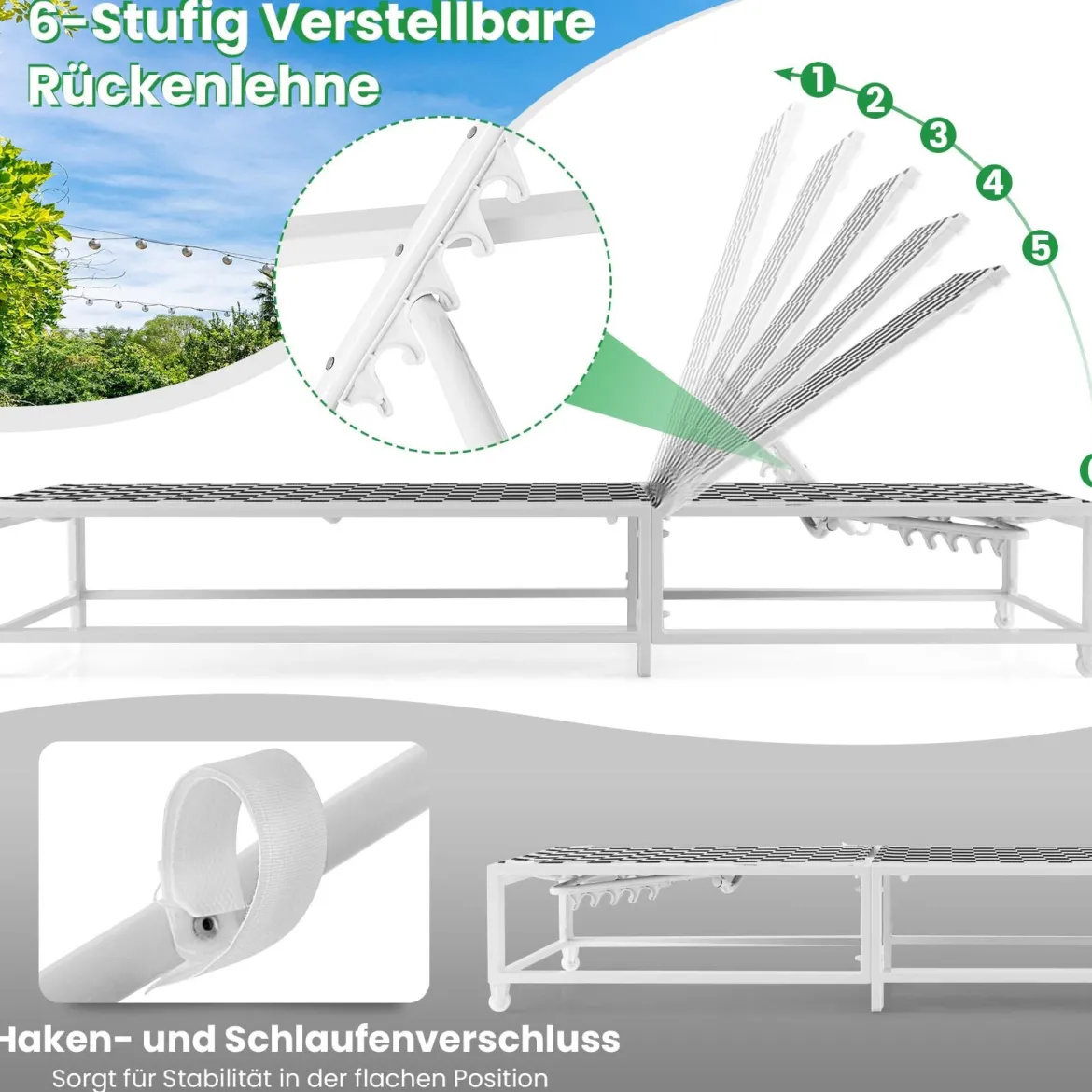 Sonnenliege mit Rollen XXL Gartenliege mit verstellbarer Rückenlehne Terrassenliege bis 180 kg belastbar