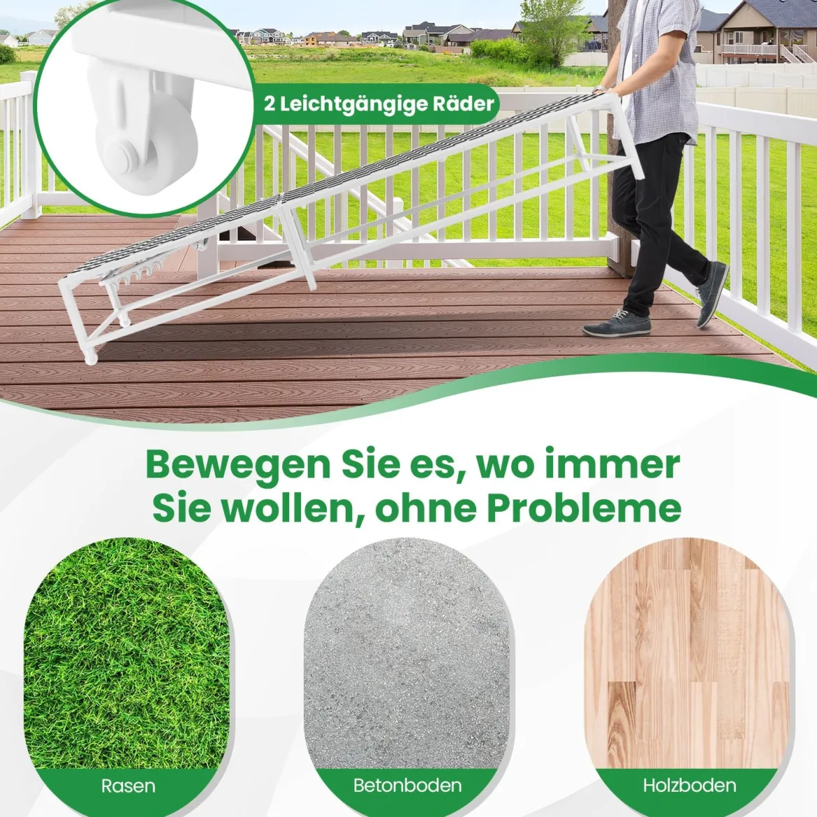 Sonnenliege mit Rollen XXL Gartenliege mit verstellbarer Rückenlehne Terrassenliege bis 180 kg belastbar