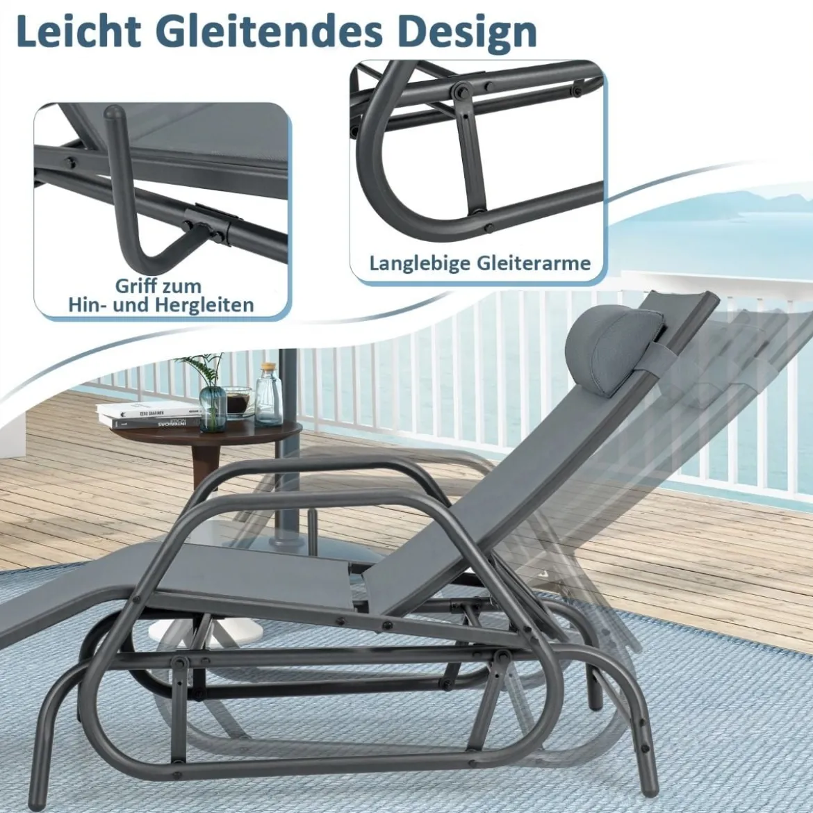 Sonnenliege mit Schaukelfunktion Gartenliege mit Verstellbarer Rückenlehne Grau