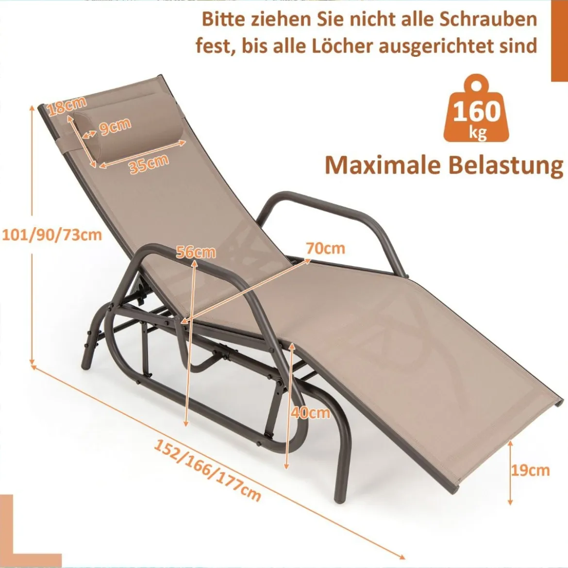 Sonnenliege mit Schaukelfunktion Gartenliege mit Verstellbarer Rückenlehne Braun