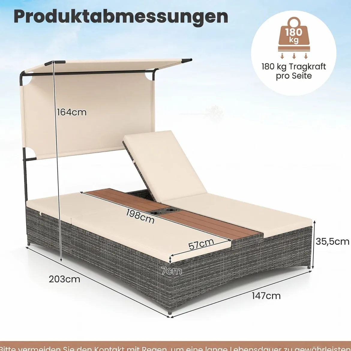 Sonnenliege 2 Personen Gartenliege mit Auflagen Doppelliege mit 5-Fach Verstellbarer Rückenlehne Grau/Beige