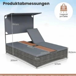 Sonnenliege 2 Personen Gartenliege mit Auflagen Doppelliege mit 5-Fach Verstellbarer Rückenlehne Grau/Beige