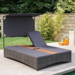 Sonnenliege 2 Personen Gartenliege mit Auflagen Doppelliege mit 5-Fach Verstellbarer Rückenlehne Grau/Beige
